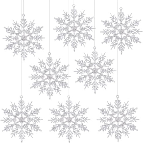 MELLIEX 24 Piezas Adorno Colgante de Copos de Nieve, Adornos de Navidad Copo de Nieve con Brillo Árbol De Navidad Ornamentos de Navidad para Decoración de Fiesta de Navidad - Plata