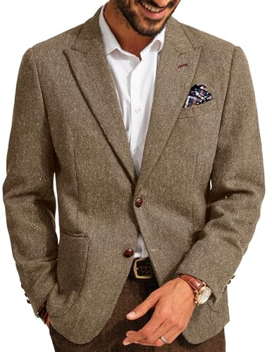 PJ PAUL JONES Men's Sport Coats Wool Blend Casual Blazer Herringbone Tweed Blazer Jackets Business Coffee XXXL