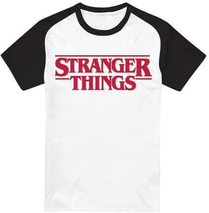 Stranger Things Main Logo Raglan Short Sleeve Baseball T Shirt, White/Black
