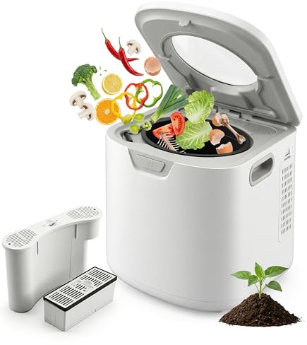 NutriChef 4 Quart Electric Kitchen Composter | Smart Countertop Composter Includes 2 Odorless Carbon Filters | Electric Compost Bin for Indoor Use | 3 Volume Based Modes Small, Medium & Large | White