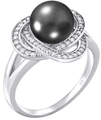 SILVEGO - LPS0044B – Bague Femme - Argent 925/1000 – Fleur avec Perle Noire et Oxyde de Zirconium