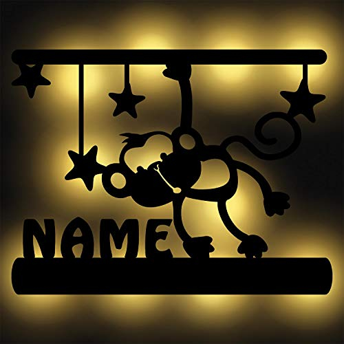 Affe Nachtlicht Wand-Lampe hängend für Kinder Baby Affen-Geschenke Figur mit Namen aus Holz I Batteriebetrieben