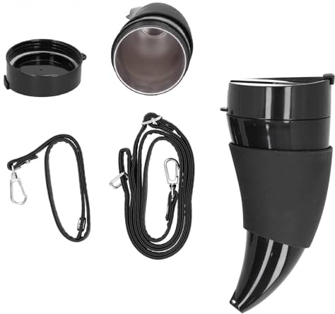 HERCHR Tazza da viaggio unica a forma di corno per gli amanti del caffè, 230ML Fodera in acciaio inox Coppa di isolamento sottovuoto con manico e coperchio in corda dal design vichingo(Nero)