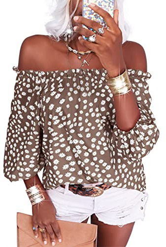 Teurkia Womens Summer Off Shoulder Blouse Floral Print 3/4 Sleeve Casual Chiffon Tops Shirts