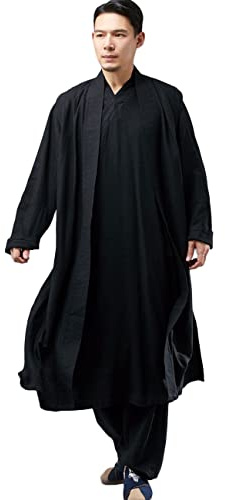 NFYM Uomini Shaolin Monk Kung fu Robe Costume Cotone Lino Abito Lungo Meditazione Suit Zen Buddista Vest, Gilet Nero, XL