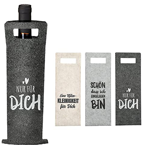 Flaschentasche Sprüche │ Filz H41cm Tragegriff hellgrau/anthrazit/beige │ Geschenkverpackung Flaschentasche Filztasche (1 x 3er Set Faschentasche)