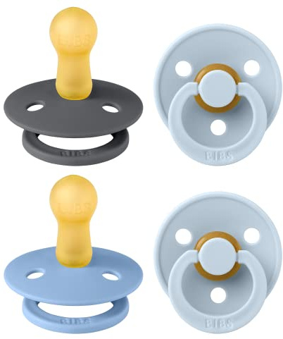 BIBS Dummies Colour 4-Pack, BPA Free Dummy Pacifier, Round Nipple Soothers, Natural Rubber Latex, Made in Denmark. 6-18 Months (Pack of 4), Baby Blue Colours