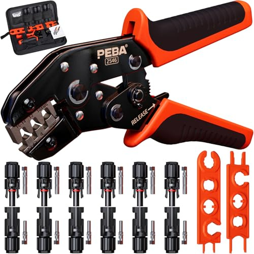PEBA Pince à Sertir Solaire pour câble PV de 1,5-2,5/4/6 mm² Connecteurs Panneau Solaire, avec 6 paires Solaire Connecteurs, Outils de Sertissage Connecteurs Solaires - Solar PV Crimp Tool Kit