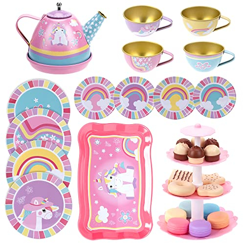 Juego de Té Infantil con Metal Tetera Postre, Juego de rol Educativo Cumpleaños, Juguete Cocina con Bandeja, Juegos de Simulación de Cocina Regalos de Unicornio Niños Niñas 3 4 5 6 Años