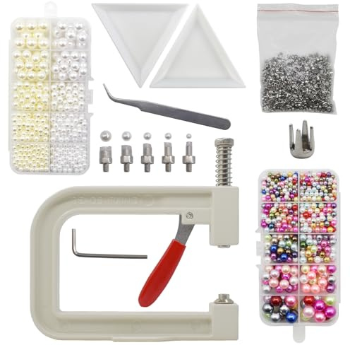SHRJ Pearl Setting Tools Hand Press Machine with Colorful Pearl Beads, Rivet Studs and Tweezers, for Decorating Clothes, Dresses, Bag, Hair Band or DIY Crafts