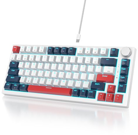 Owpkeenthy Wired 75% Mechanical Gaming Keyboard, 82 Key Gasket Mechanical Keyboard with Volume Knob Hot Swappable Linear Red Switch RGB Backlit for PC Laptop (White Earth)