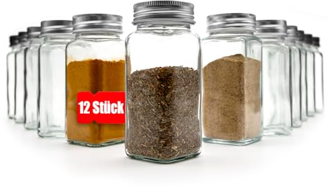 BigDean 12er Set Gewürzgläser eckig - luftdichte Gewürzdosen lebensmittelecht mit zwei Streueinsätzen - ideal für Gewürzaufbewahrung
