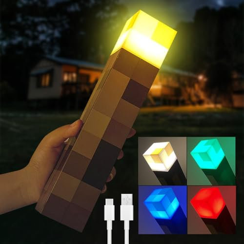 CJBIN Wall Fackel Nachtlicht, Craft Fackel Lampe mit 4 Farbe, LED Mcers Nachtlicht, Nachttischlampe mit USB Wiederaufladbar, 3D Nachttischlampe Kinder für Cosplay Spielzeug Geschenke