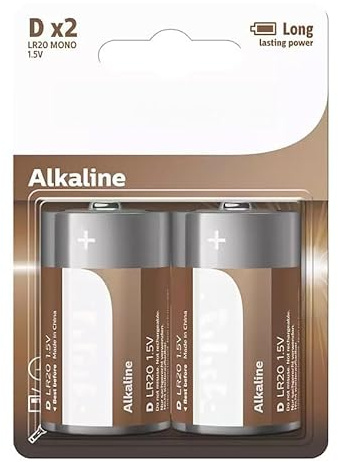 Batería D/LR20 alcalina, Paquete de 2 Unidades, con 30% más de Durabilidad para Dispositivos cotidianos de Alto Consumo.