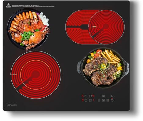 Topwish Plaque vitrocéramique 4 feux, plaque de cuisson vitrocéramique encastrable, plaque de cuisson electrique, tables de cuisson 60cm avec double zone extensible, verrou de sécurité, 6600W