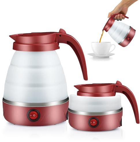 Yoomeetaz Hervidor de Viaje Plegable, 600ml Hervidor Eléctrico de Camping Portátil, Mini Tetera de Silicona para Camping, Viajes, Exteriores, Rojo