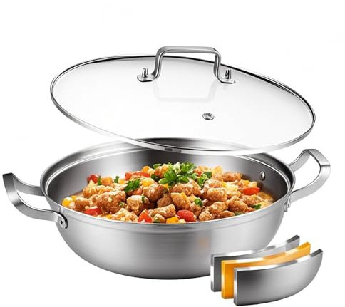 DELARLOCHEF Servierpfanne 28 cm Hond Rand,Stainless Steel Pan 11 inch,Edelstahl Pfanne mit Deckel,ohne PTFE und PFOA,für Alle Herde mit Gleichmäßiger Wärmeverteilung,Ideal Für Familienkochkunst
