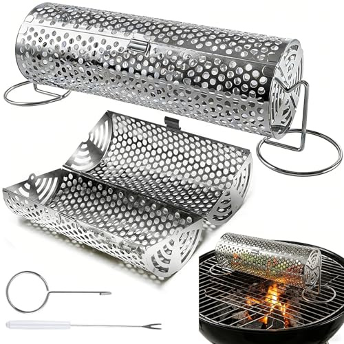 Wesoke Cesta Rodante para Asar Cestas Redondas para Parrilla, Rejilla Grande para Barbacoa de Malla para Acampar, Jaula para Barbacoa de Rotación, Tubo de Red para Barbacoa de Acero Inoxidable
