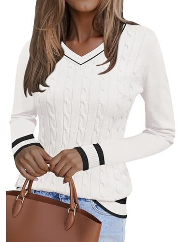 Kistore Jumpers for Women UK Long Sleeve Tops V Neck Pullover Sweater 2026 | Lightweight Jumper,Cable Knit,Cosy Jumpers for Winter Fall