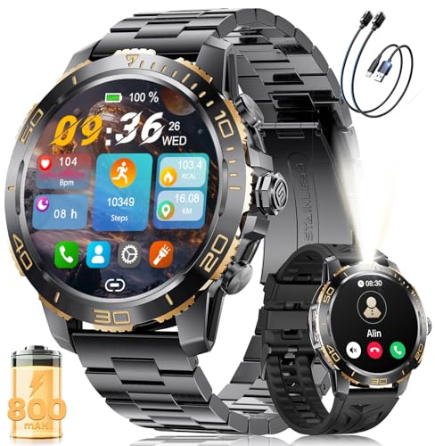LIGE Smart Watch for Men, Smartwatch with LED Flashlight for Android/iOS, IP68 Waterproof, 300+ Watch Faces, 24/7 Heart Rate/Sleep Monitor, Make/Answer Call, Black Case with Rose Gold Indices
