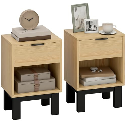 HOMCOM Juego de 2 Mesitas de Noche Estrechas, Mesillas de Noche Modernas con Cajón y Estante Abierto, para Dormitorio, Salón, 35x26x50 cm, Roble