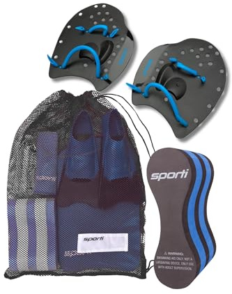 3-Piece Swim Training Gear Set - Ergonomic Power Paddles (Medium) and Pull Buoy and Quick-Dry Mesh Storage Bag - Technique + Strength Builder - Black/Blue/Black
