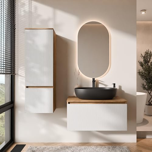 Planetmöbel Arisa - Juego de muebles de baño con armario bajo (80 cm, roble dorado y blanco estriado) con espejo LED y armario alto, lavabo de 60 cm, color negro, incluye sifón para ahorrar espacio