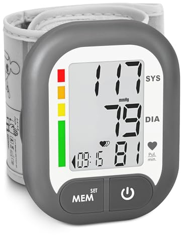 Blood Pressure Monitor Adjustable Wrist Cuff for Home Use Automatic BP Machine Large Digital LCD Display 199 Memory Batteries Included with Carrying Case, Grey