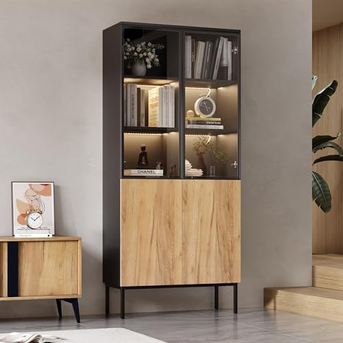 OKMYHOME Vitrina de salón con 5 estantes de cristal y LED integrados, madera negra y roble, marco de aluminio y estructura metálica, 74 x 31 x 180 cm