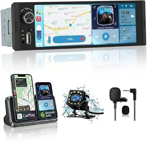 Junsun 6.36 Pulgadas 1 DIN Radio Coche Universal con Pantalla Táctil, con CarPlay/AndroidAuto/Admite Carga Type-C/USB/Micrófono/FM/EQ/WiFi/GPS/Bluetooth 5.0/USB/SWC y Cámara Trasera con Cable 6M