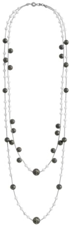 Handgjort dubbelsträngat halsband, virkat med Lurex silvergarn, vita bohemiska glaskristaller och vintagekulor, hummerlås - Presentidé, unikt stycke.