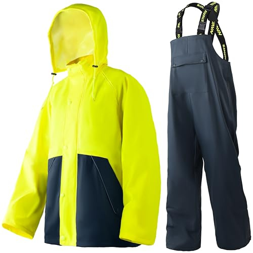 Navis Marine herr regndräkt vattentät robust PU huva hängselbyxor, Neongul/svart, XL