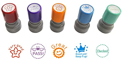 WAF Pack of 5 Sorted Teacher Stamp Teachers Self-Inking Rubber Stamps Teacher Review Photosensitive Stamps for Education Very Good-5pcs