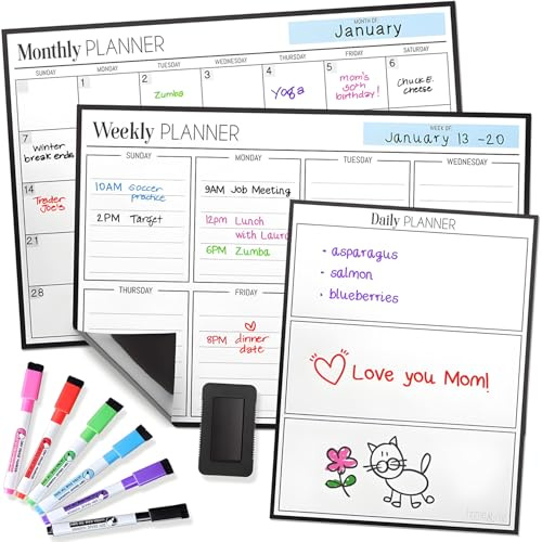 Cinch! Magnetic Calendar Bundle of 3 - Monthly, Weekly, Daily Planning Dry Erase Boards for Fridge - Magnetic Fridge Calendar Whiteboard Set with 6 Fine Tip Markers, Large Eraser, and Magnets