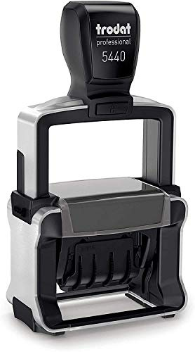 Tampon dateur Trodat Professional 5440/L à encrage automatique, avec 2 textes commerciaux interchangeables recyclables - PAGADO, bicolore bleu-rouge et taille env. Dimensions : 49 x 28 mm.