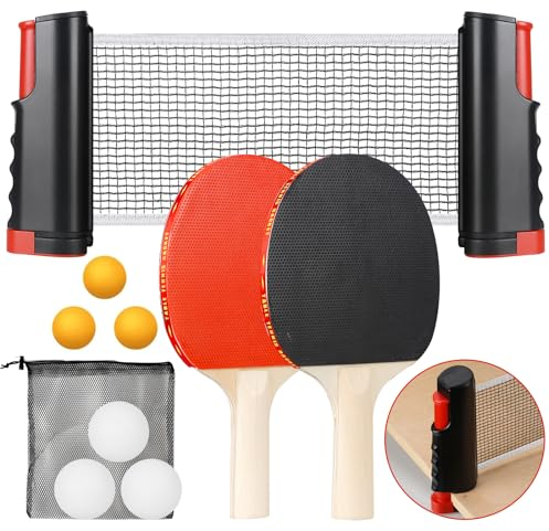 Tischtennis Set - Tischtennis Gesetzt,Instant Tischtennis-Set,Ausziehbares Tischtennisnetz Set mit 1 Einziehbares Netz,2 Tischtennisschläger,3 Tischtennisbälle,1 Tasche,Tischtennis-Set