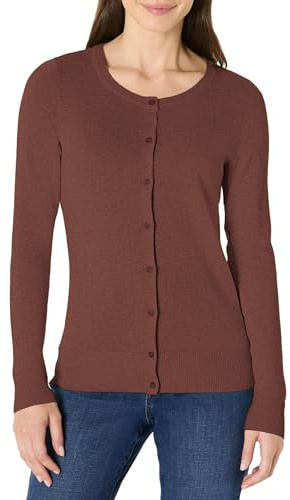 Amazon Essentials Women's Lightweight Crewneck Cardigan Jumper (Available in Plus Size), Dark Chestnut Brown Heather, M