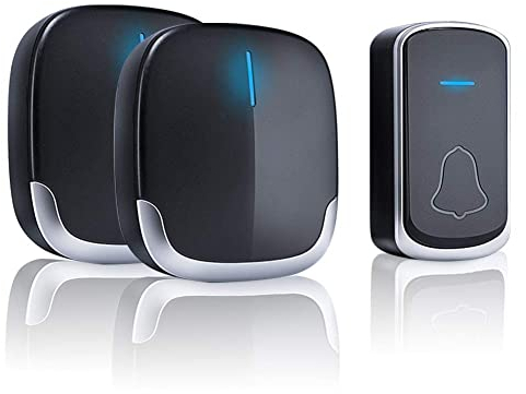Sonnette sans Fil Extérieur Etanche - Sonnette de Porte 300 Mètres 58 Mélodies 4-Niveaux Volum, Carillon sans Fil avec LED Flash, 2 Récepteur Enfichables, Noir