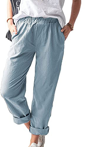 MISSMAO Femme Pantalon Lin Carotte Pantacourt Casual Taille Élastique Pantalon Chino Ample Été Carotte Loose Casual Pants Pantalons Loisirs,Bleu,L