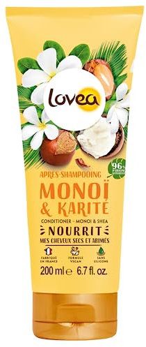 LOVEA - Après-Shampooing - Monoï & Karité - Nourrit, Répare & Démêle - Cheveux Secs Et Abimés - 96% D'Origine Naturelle - Sans Silicone - Vegan - Fabriqué En France - 200 ml