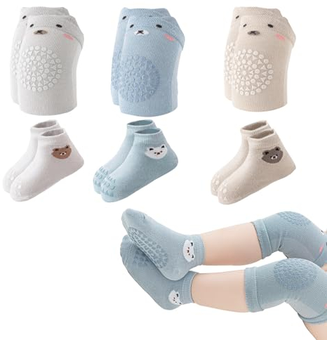 Knieschoner Zum Krabbeln - 3 Paar Anti-Rutsch Krabbelsocken Und 3 Paar Knieschoner für Mädchen Und Junge Mit Anti-Rutsch-Noppen für Sicheren Halt - Krabbelhilfe für 0-24 Monate