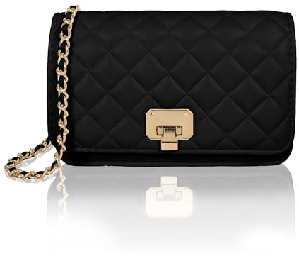 Ladies Shoulder Bag Small Flap Crossbody Bags, Quilted Designer Handbags Black Evening Clutch PU Leather Mobile Phone Bags with Chain Strap & Buckle Closure for Banquet Holiday Night Out Daily Life
