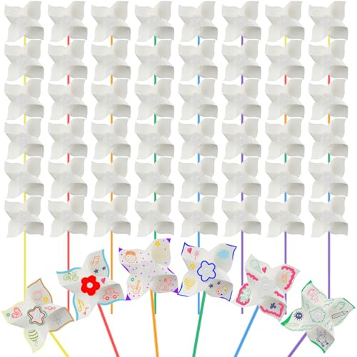Poen 48 Pcs DIY Pinwheels Paper Craft Bulk Color Your Own White Pinwheels Summer Activity Arts End of Year Craft Mothers Day Blank Windmills Party Favor Supplies, 5 Inches