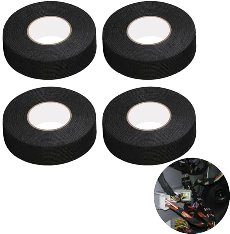 4 Rolls Wiring Loom Tape 15m x 19mm Fabric Cloth Tape, Heat Resistant & Reduce Noise Wiring Harness Tape Black Insulation Electrical Tape Self Adhesive, for Car Motorcycle Vehicles Cable Fixed