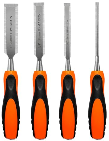 HPMAISON 4PCS Wood Chisel Set, Heavy Duty Woodworking Carving Hand Tools with with Soft Ergonomic Grip Handles 6mm, 12mm,19mm, 25mm (1/4, 1/2, 3/4, 1)