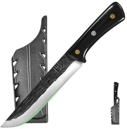 FULLHI 2pcs Manico in legno per disossare con fodero, coltello da pesca in acciaio ad alto tenore di carbonio per affettare e disossare, per cucinare in campeggio e per il barbecue. (Nero, 18cm)