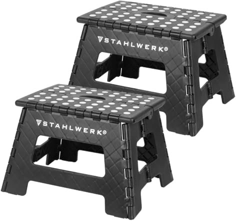 STAHLWERK KT-2 ST Lot de 2 marchepieds pliants avec capacité de charge de 150 kg | Tabouret pliant | Marchepied | Marchepied | Échelle pliante | Escabeau avec marche antidérapante