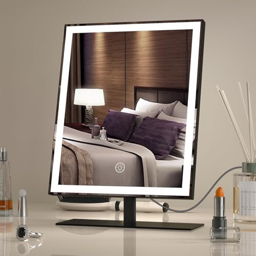 Amdelne LED Makeup Mirror, Dimmable Vanity Mirror with Lights, 3 Lighting Modes, 10x Magnifying, Touch Control, Adjustable Black Mirrors for Dressing Table, 25 x 34cm, USB-C Powered (Adapter Incl.)
