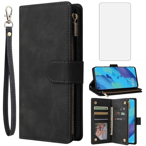 Asuwish Handyhülle für Huawei Nova 5T/Honor 20 Hülle mit Folie Schutzfolie und Kartenfach Klappbar Leder Geldbörse Ständer Hawaii Honor20 Pro 20S T5 YAL-L21 Handy Hüllen Schutzhülle Phone Case Schwarz