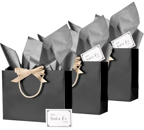 Black Gift Bag for Present - 3pcs Medium Gift Bags for Boy, Men, Birthday, Wedding, Graduation, Anniversary, Christmas